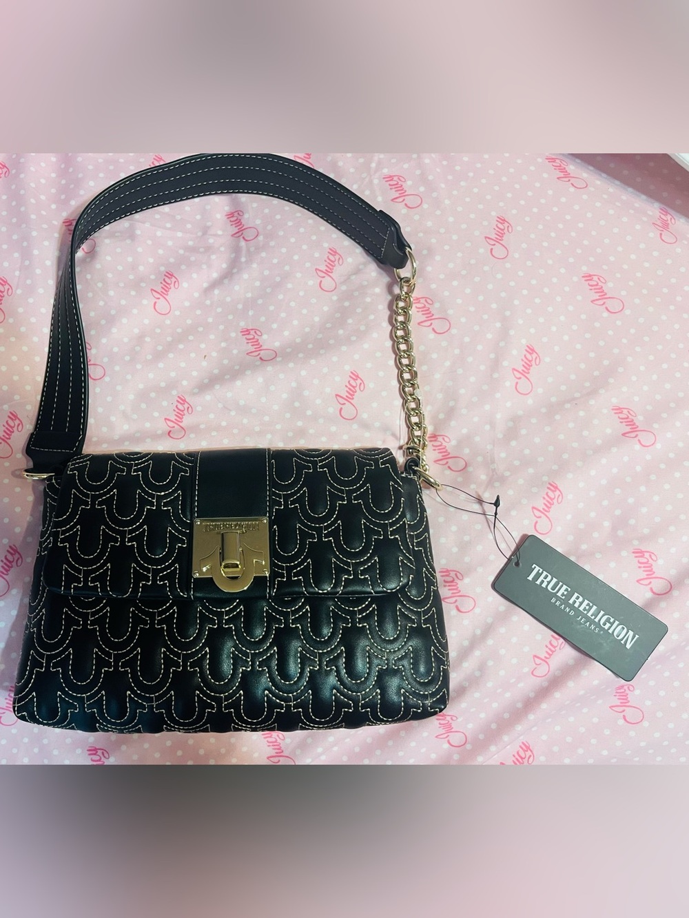 True & Co. Black Quilted Shoulder Bag with Gold Chain